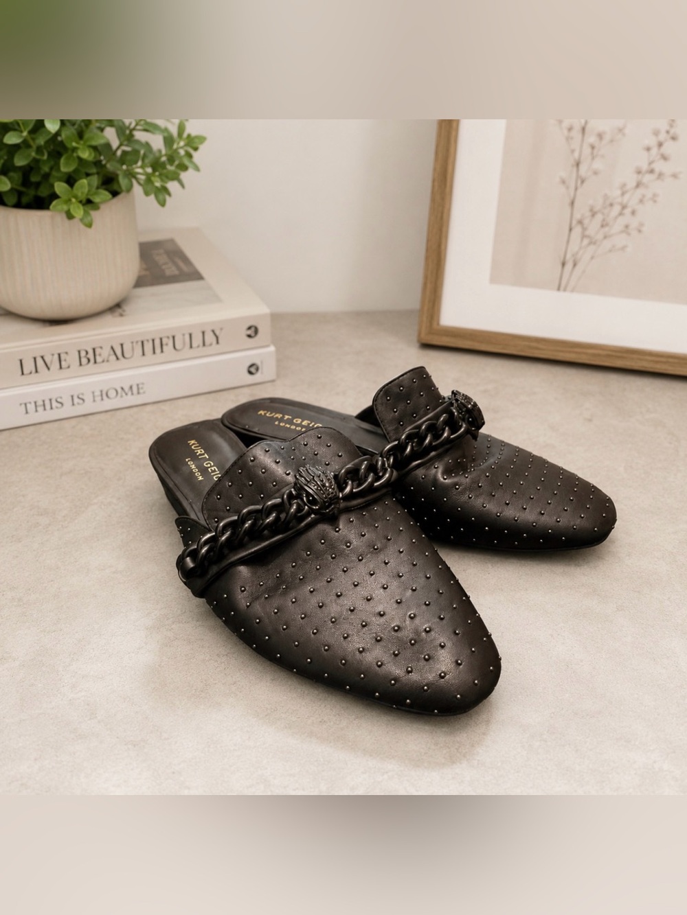 Kurt Geiger London black Chelsea studded leather flat mules